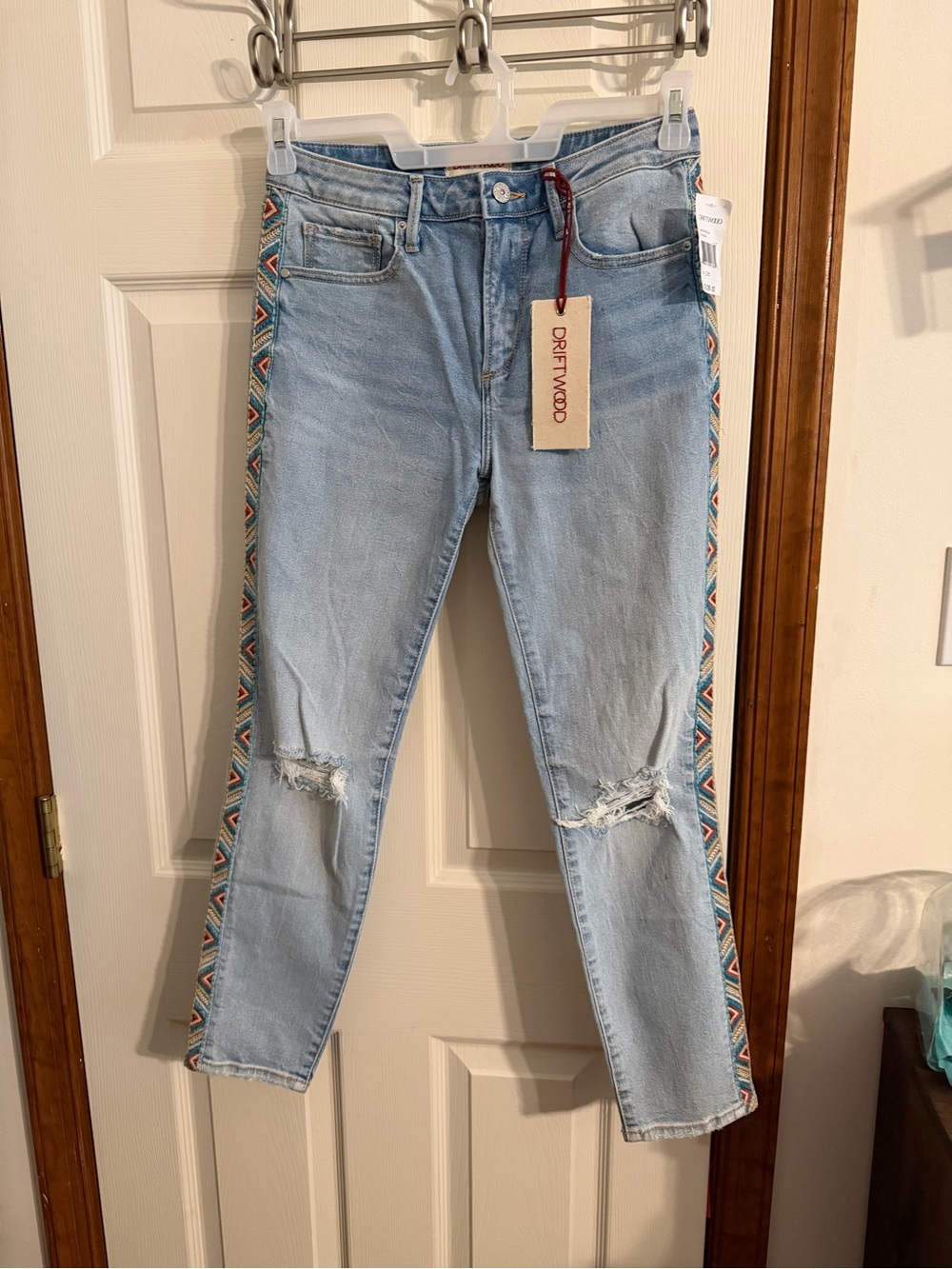 DRIFTWOOD Light Blue Skinny Jeans with Multicolor Embroidered Side Trim